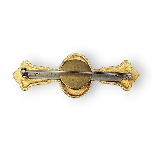 Antique Etruscan Revival Bar Brooch Baby Photo Brushed Gold Plate Fleur De Lis - Picture 5 of 8